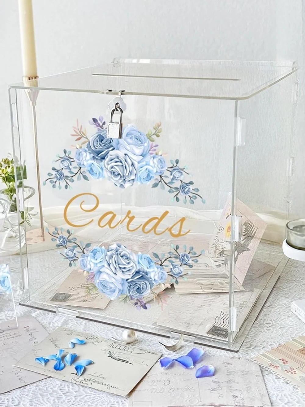 Acrylic Blue Floral Clear Card Box with Lock for Wedding, Graduation, Showers